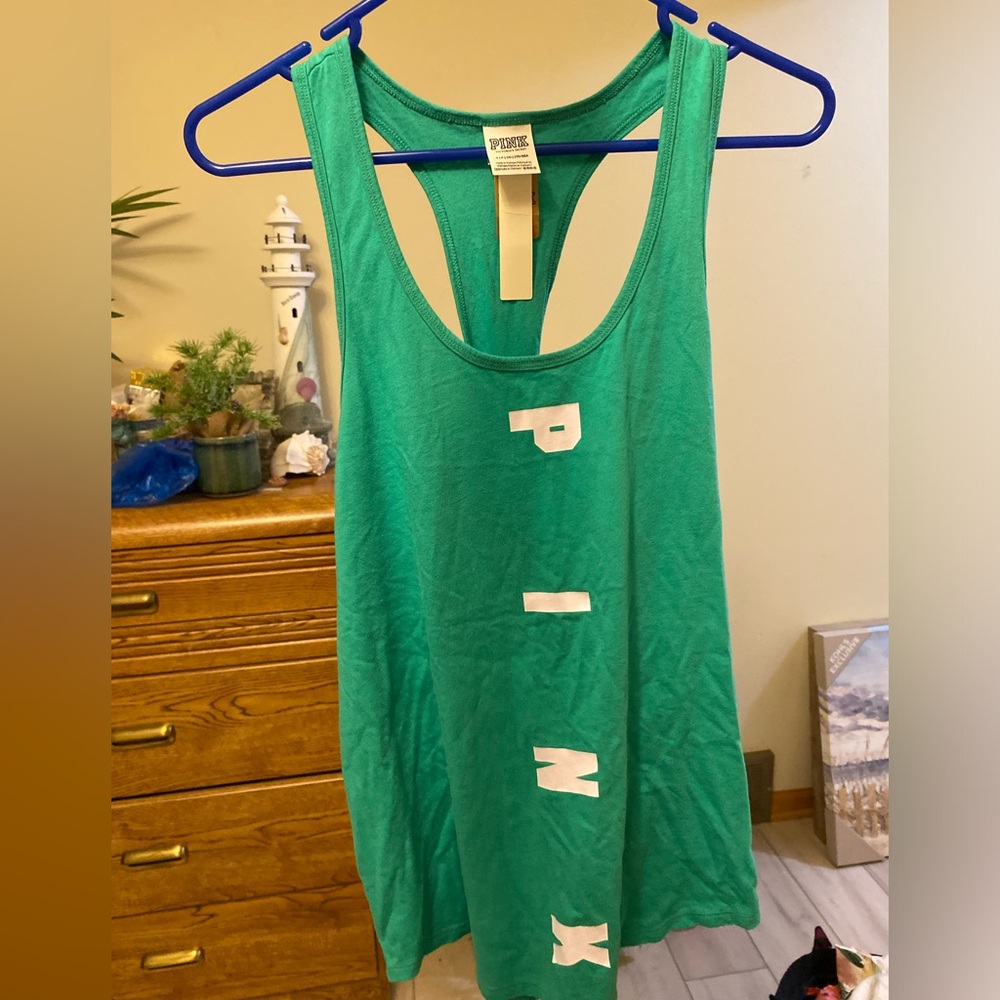 NWT Victoria’s Secret PINK Twist Back Racerback Green White Logo Lounge Tank Top